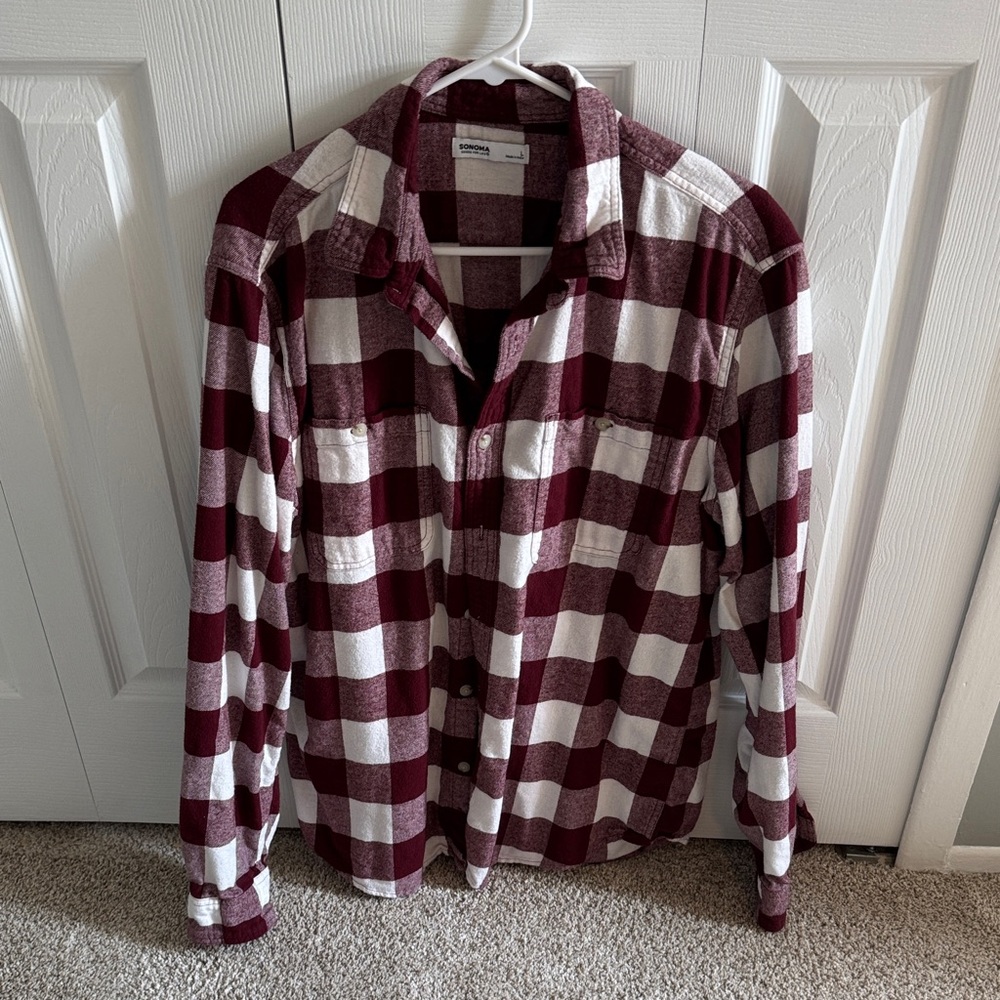 Sonoma Burgundy and White Plaid Flannel Shirt